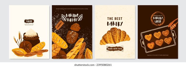 Bread poster background set vector illustration with bakery products and fresh pastries. Baguette, croissant, bun graphic design template with textured effect in modern flat style.