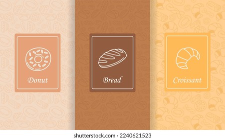 Bread posters set. Collection of graphic elements for website. Minimalistic creativity and art. Flour products and bakery cover. Cartoon flat vector illustrations isolated on beige background