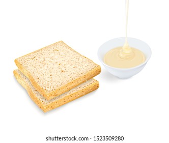 Bread with pouring condensed milk in cup on white background. vector illustration.