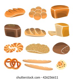 Bread product set. Bakery shop elements and bakery showcase. Bakery items in flat style. Vector Illustration