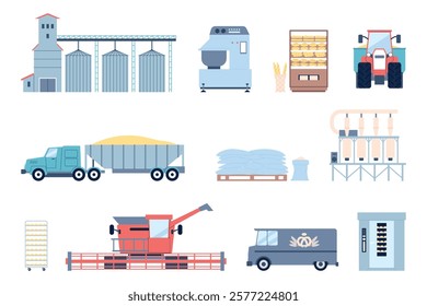 Bread production. Breadmaking factory equipment, fresh pastry and different breads baking. Agriculture processing, from field to shop, recent vector set