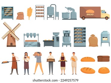 Bread production icons set cartoon vector. Bread factory. Bakery food