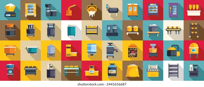 Bread production icons set flat vector. Food factory. Cake machine industry