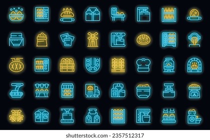 Bread production icons set outline vector. Cake machine. Oven pastry neon color on black
