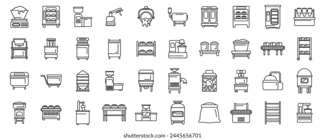 Los íconos de producción de pan establecen el Vector de contorno. Fábrica de alimentos. Industria de máquinas de pasteles