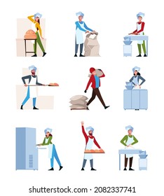 Bread production. Industrial fresh bakery food making professional chef healthy products from wheat garish vector flat pictures set