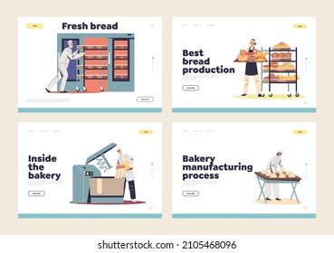 Bread production manufacturing and bakery industry concept of landing pages set with people bakers working with dough for fresh bread and pastry making. Cartoon flat vector illustration