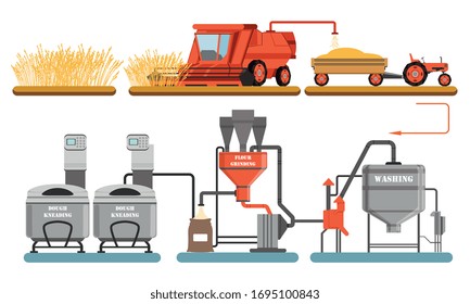 Bread Production Process, Harvesting, Washing, Flour Grinding, Dough Kneadling Automated Line Vector Illustration