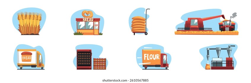 Bread Production Process and Step Scene Vector Set