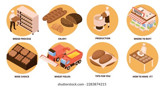 Conjunto de redondeo de producción de pan con símbolos de proceso de pan ilustración vectorial aislada isométrica