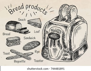 Bread products. Best choice for breakfast. Toaster and bread.