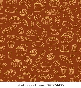 Bread products. Hand drawn Doodles Bakery - Vector Seamless pattern