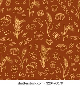 Bread products. Hand drawn Doodles Bakery and Wheat ears - Vector Seamless pattern