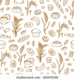 Bread products. Hand drawn Doodles Bakery and Wheat ears - Vector Seamless pattern