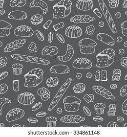 Bread products. Hand drawn Doodles Bakery - Vector black and white Seamless pattern