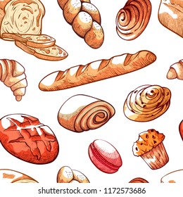 Bread products hand drawn pattern. Rolls, cookies, pies, pastries, and muffins, prepared from flour, tasty decoration. Vector bread illustration on white background