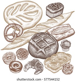 Bread products set - rye bread, ciabatta, white bread, whole-grain bread, croissant, French baguette, croissant, pretzel, donut, muffin isolated on white background. Vector food illustration art
