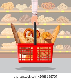 Bread products in shopping basket in hand. Supermarket interior. Whole grain, wheat and rye bread, toast, pretzel, ciabatta, croissant, bagel, french baguette, cinnamon bun. Flat vector illustration