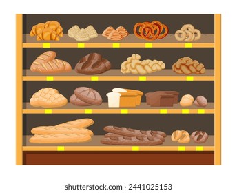 Bread products in shopping mall supermarket interior. Whole grain, wheat and rye bread, toast, pretzel, ciabatta, croissant, bagel, french baguette, cinnamon bun. Flat vector illustration