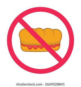 Bread prohibition sign, forbidden high calorie food symbol, no gluten food allowed icon, flat vector illustration