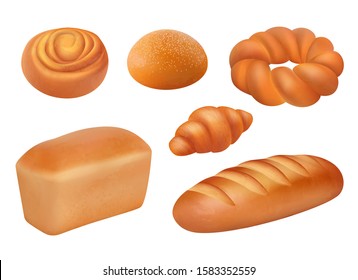 Bread realistic. Bakery food fresh tasting products french loaf baguette buns vector breakfast picture