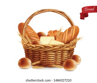 Bread realistic composition with image of basket full of bread baguettes and toast with text vector illustration slices 