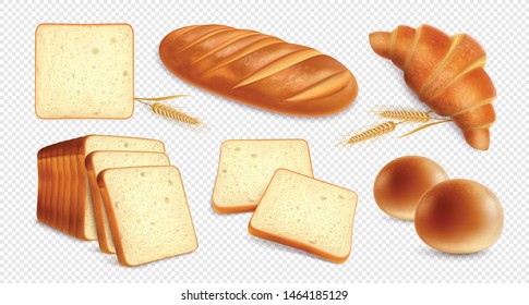 Bread realistic set on transparent background with images of bakery products and wheat stalks with shadows vector illustration