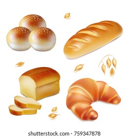 Bread. Realistic Vector Bakery Icons Set. Loaf, Croissant, Bun.