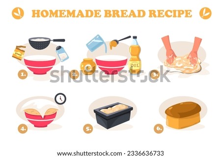 Bread recipe. Cartoon dough with ingredients kneading, homemade baking flatbread dough with yeast preparation cooking culinary concept. Vector illustration of recipe food bread or pastry