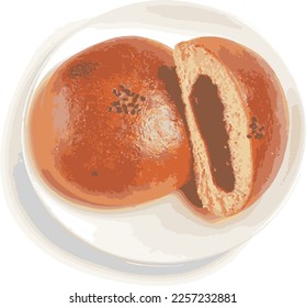 Bread with red beans. There are photo and vector versions. Red bean is cooked and ground into a pastry before being baked inside bread. It is soft and slightly sweet. Ideal to eat and drink with tea