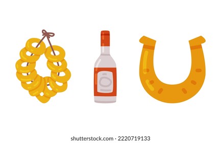Bread Ring or Bagel, Bottle of Vodka and Golden Horsehoe as Russian Symbol Vector Set