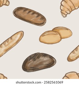 Bread and bread roll, baguette pattern. Vector, isolated, hand draw. Cartoon style, pencil texture.