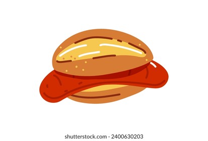 Bread roll with bratwurst or grilled sausage,german traditional barbecue in summer.Vector illustration in cartoon style isolated on white background