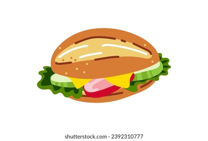 Brotwalze oder Sandwich zum Frühstück oder Start mit Tomate, Salat und Gurke.Vektorgrafik im Cartoon-Stil einzeln auf weißem Hintergrund.