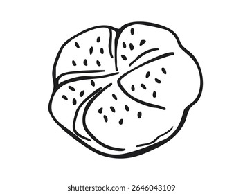 Bread roll with sesame seeds drawn in black outline. Hand-drawn vector sketch illustration isolated on white background. Bakery and food concept. Flat lay composition