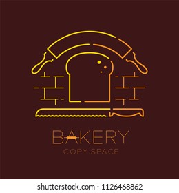 Bread, rolling pin and bread knife  logo icon outline stroke set dash line design illustration isolated on brown background with bakery text and copy space