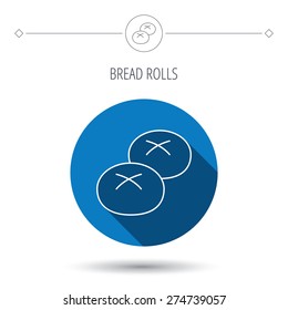 Bread rolls or buns icon. Natural food sign. Bakery symbol. Blue flat circle button. Linear icon with shadow. Vector