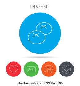 Bread rolls or buns icon. Natural food sign. Bakery symbol. Mail, download and speech bubble buttons. Like symbol. Vector