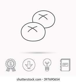 Bread rolls or buns icon. Natural food sign. Bakery symbol. Download arrow, lamp, learn book and award medal icons.