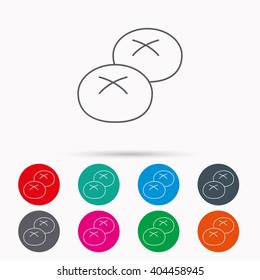 Bread rolls or buns icon. Natural food sign. Bakery symbol. Linear icons in circles on white background.