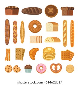 Coleção de pães e pães. Ilustração vetorial de ícones de produtos de padaria - pão, baguete, pretzel, ciabatta, croissant, cupcake, waffles e biscoitos. Isolado no branco.