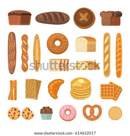 Bread and rolls collection. Vector illustration of  bakery products icons - bread, baguette, pretzel, ciabatta, croissant, cupcake, waffles and cookies. Isolated on white.