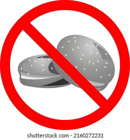 Rollos de pan con un signo prohibido. La prohibición de importar productos de pan. Símbolo de bollo plano. Ilustración vectorial.