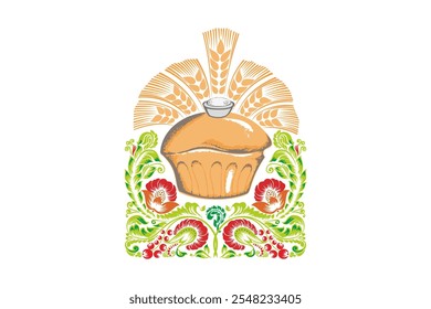 Bread with salt, with ears of corn with flower background, composition