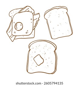 Bread and sandwich illustration set. Line art elements isolated on white background. Hand drawn outline vector elements.