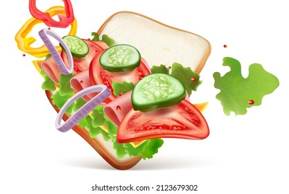 Bread sandwich wrap and roll with Red pepper and Vegetable splashing isolated on white background, Vector realistic in 3D illustration.