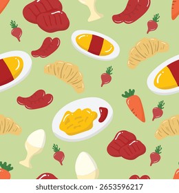 Pão, salsicha, cenoura, bife e ovos em um fundo verde. Comida padrão sem emenda para roupas, tecido, papel de parede, pano de fundo, decoração de casa, livro de capa e arte de parede. 