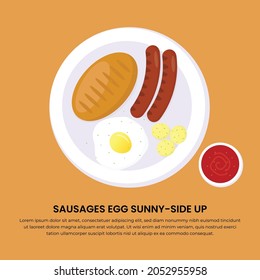 Bread Sausage Egg Sunny Side Up with Potato boiled on plate, vector realistic top view illustration