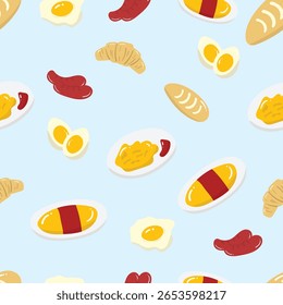 Pan, salchicha y huevos sobre un fondo azul. Patrón inconsútil de la comida para la ropa, tela, Fondo de pantalla, telón de fondo, decoración casera, libro de la cubierta, y arte de la pared. 