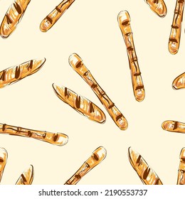 Bread seamless background. French baguettes. Italian bread. Hand-drawn. 